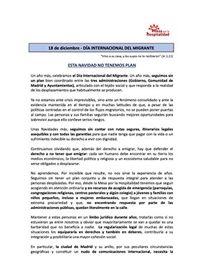 Mesa por la Hospitalidad de la archidiócesis de Madrid - 18 de diciembre - Día internacional del inmigrante - Esta Navidad no tenemos plan.