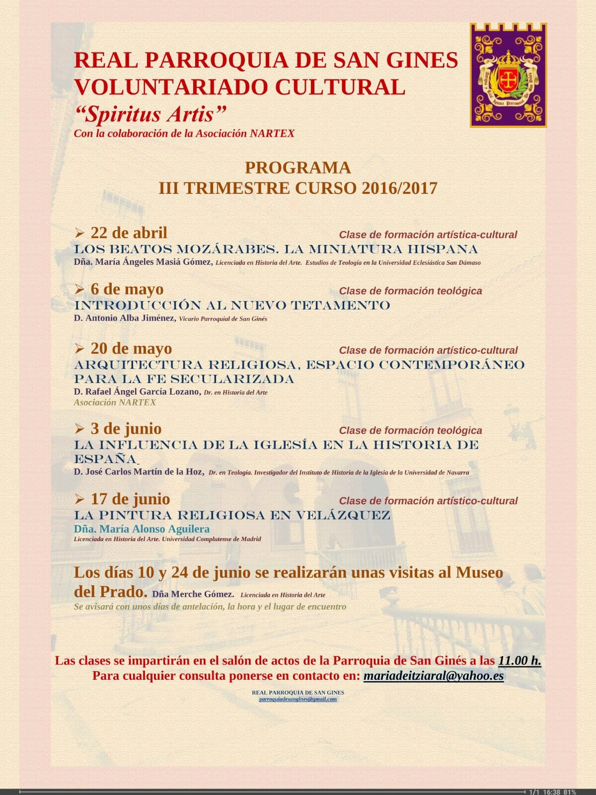 El sábado comienza la programación del III trimestre del voluntariado cultural 'Spiritus Artis' de San Ginés