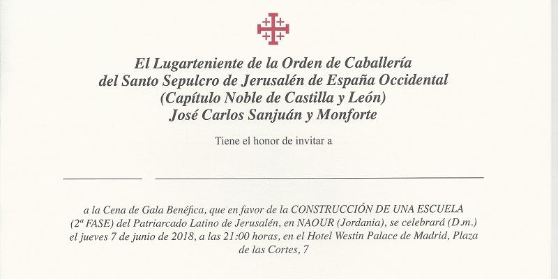 La Orden del Santo Sepulcro de Jerusalén organiza una cena benéfica para construir una escuela en Jordania