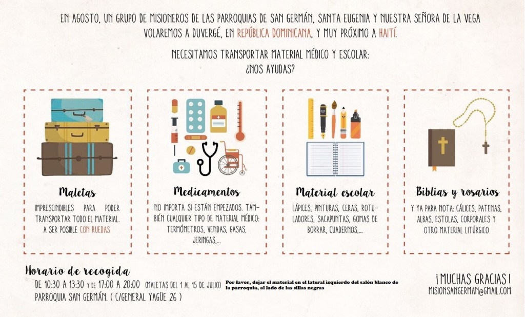 El grupo misionero de San Germán pide material médico y escolar para llevar a misiones
