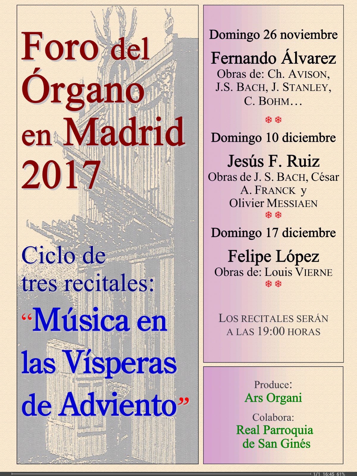 La iglesia de San Ginés acoge el Foro del órgano en Madrid 2017