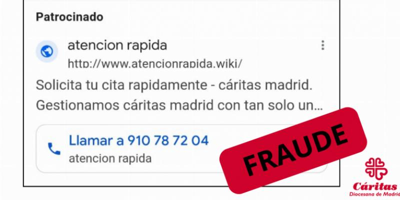 Cáritas Madrid alerta de un fraude del número de teléfono 91 078 72 04 para pedir citas
